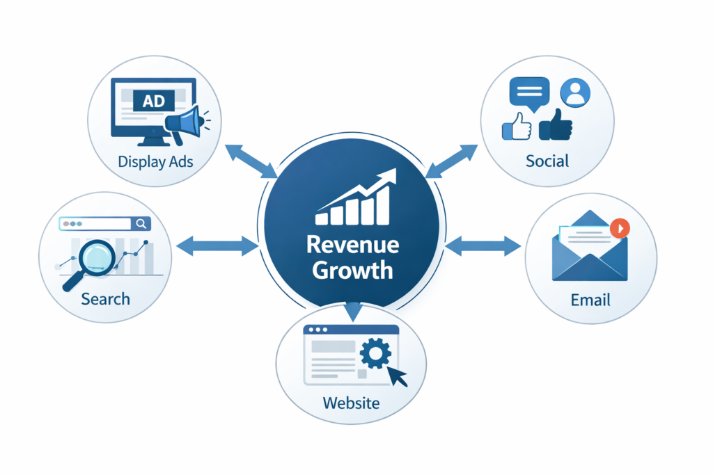 “Multi-channel display advertising strategy integrating search, social media, email marketing, and website optimization for B2B growth.”