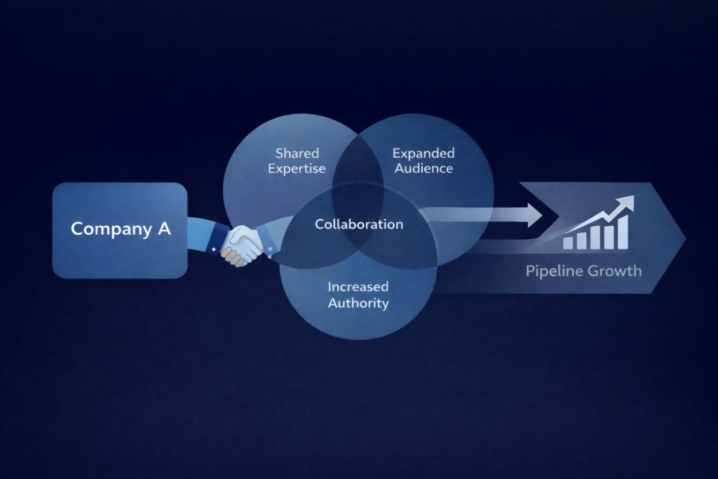 Strategic B2B content partnership framework showing collaboration, shared expertise, and pipeline growth