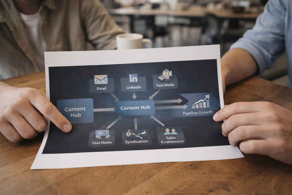 B2B multi-channel content distribution strategy diagram showing orchestrated channels driving pipeline growth