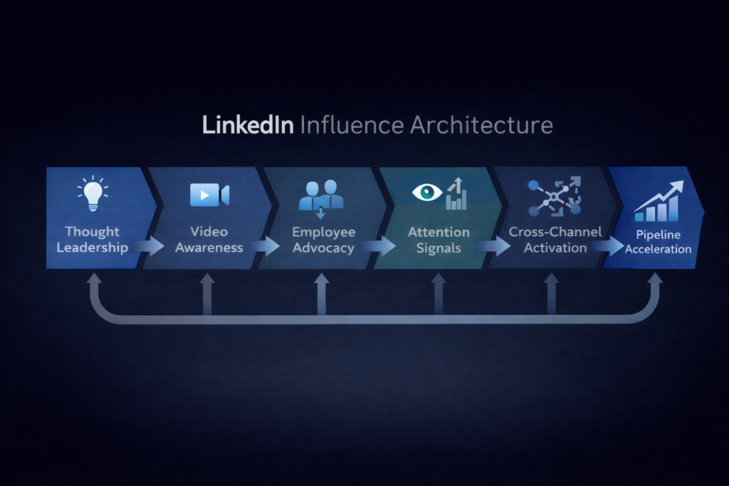 LinkedIn ABM influence architecture diagram showing layered strategy from thought leadership to pipeline acceleration.