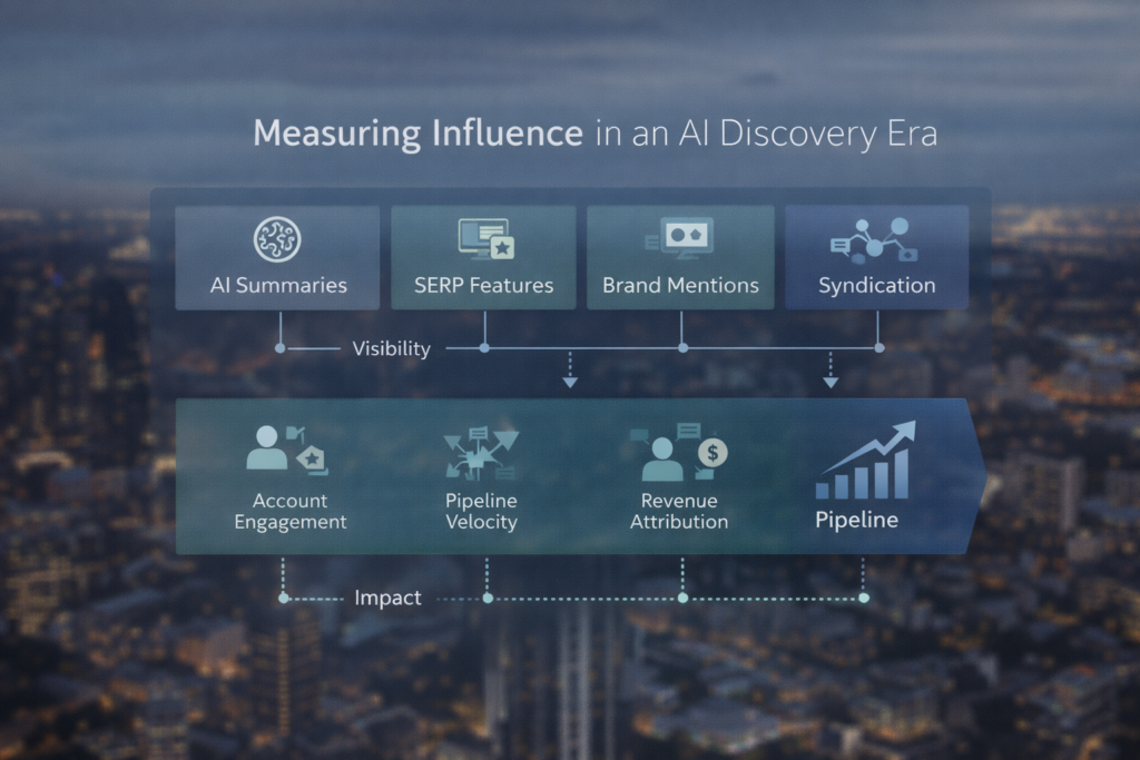 B2B marketing measurement framework in an AI-driven zero-click landscape showing visibility metrics connected to pipeline and revenue impact.